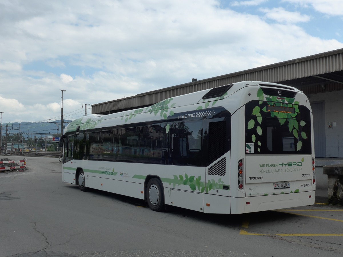 (154'131) - ZVB Zug - Nr. 114/ZG 88'114 - Volvo am 19. August 2014 beim Bahnhof Rotkreuz