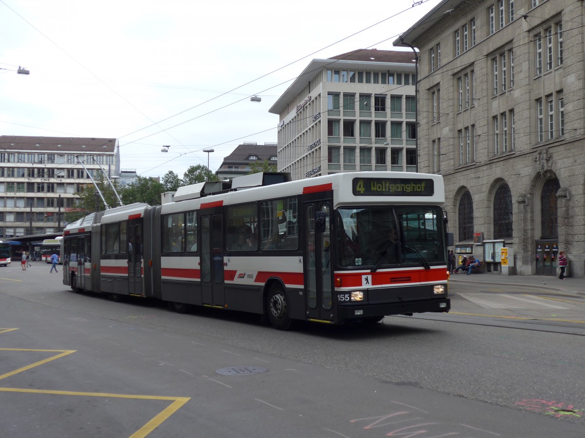 (154'216) - VBSG St. Gallen - Nr. 155 - NAW/Hess Doppelgelenktrolleybus am 20. August 2014 beim Bahnhof St. Gallen