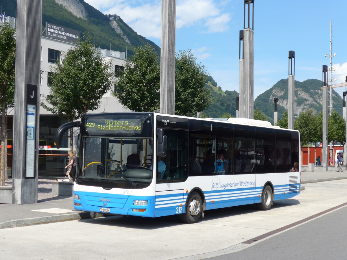 (154'339) - BSW Sargans - Nr. 312/SG 297'504 - MAN/Gppel am 21. August 2014 beim Bahnhof Sargans