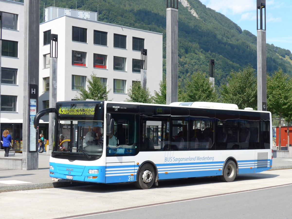 (154'347) - BSW Sargans - Nr. 311/SG 297'502 - MAN/Gppel am 21. August 2014 beim Bahnhof Sargans