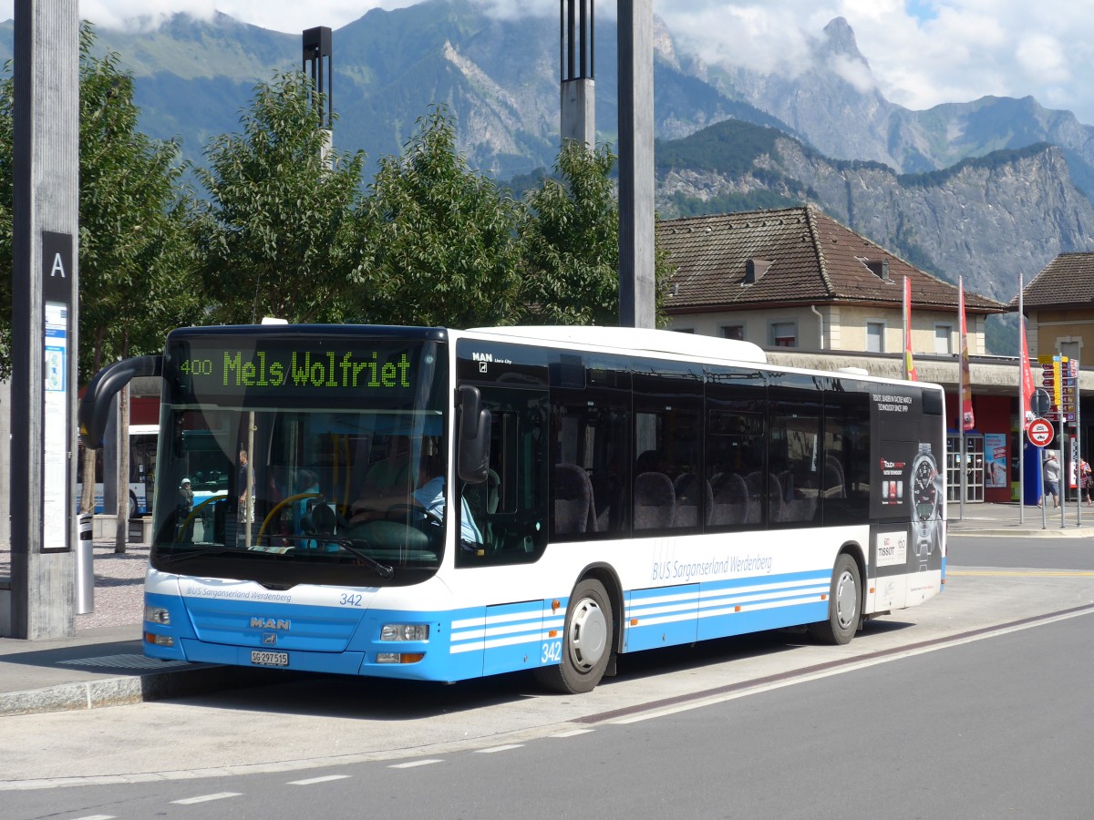 (154'350) - BSW Sargans - Nr. 342/SG 297'515 - MAN am 21. August 2014 beim Bahnhof Sargans