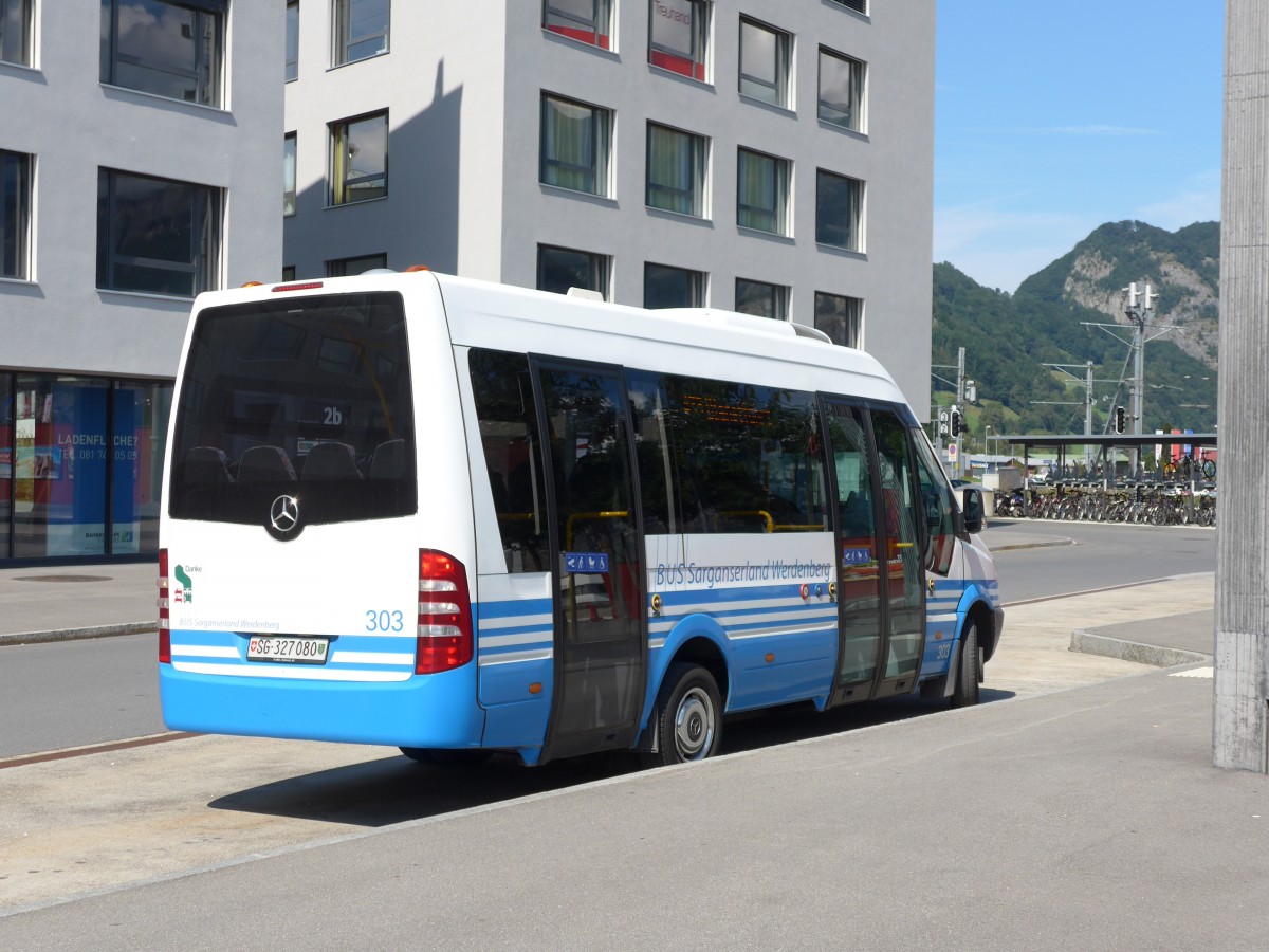 (154'352) - BSW Sargans - Nr. 303/SG 327'080 - Mercedes am 21. August 2014 beim Bahnhof Sargans