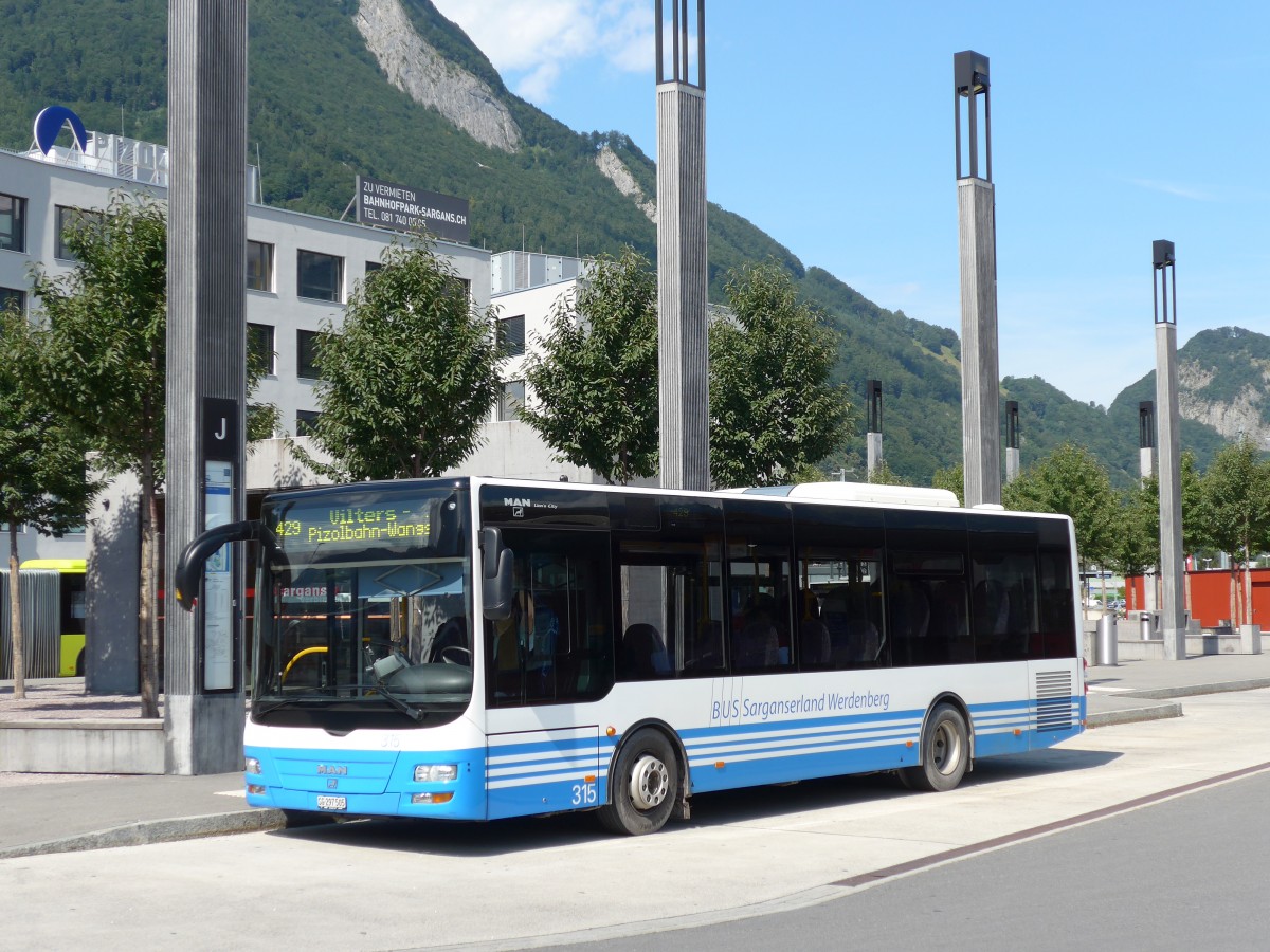 (154'356) - BSW Sargans - Nr. 315/SG 297'505 - MAN/Gppel am 21. August 2014 beim Bahnhof Sargans