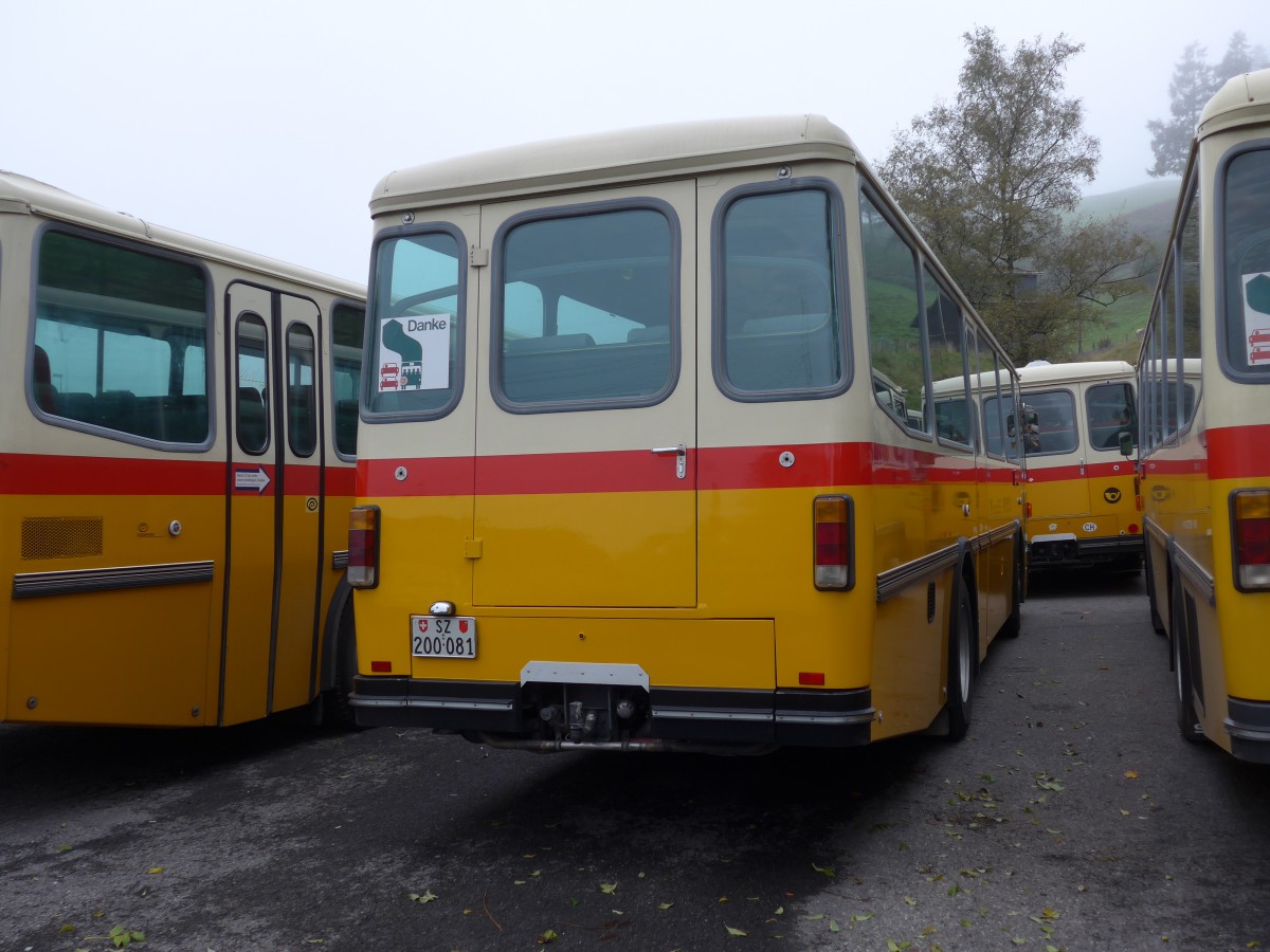 (155'606) - Inkamp, Altendorf - SZ 200'081 - Saurer/Tscher (ex Koch, Giswil; ex Selfors, Meiringen; ex P 24'236) am 12. Oktober 2014 in Kssnacht, Rest. Frohsinn