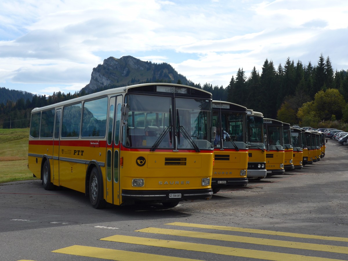 (155'653) - Inkamp, Altendorf - SZ 200'081 - Saurer/Tscher (ex Koch, Giswil; ex Selfors, Meiringen; ex P 24'236) am 12. Oktober 2014 in Willerzell, Rest. Sattelegg