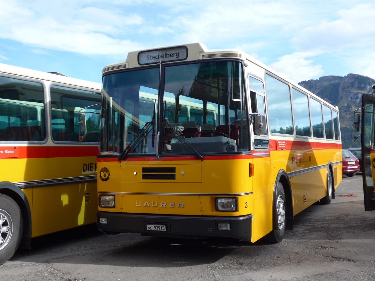 (155'655) - Kolb, Matten - Nr. 3/BE 93'915 - Saurer/R&J (ex Schmocker, Stechelberg Nr. 3; ex Nr. 1; ex Gertsch, Stechelberg Nr. 1) am 12. Oktober 2014 in Willerzell, Rest. Sattelegg