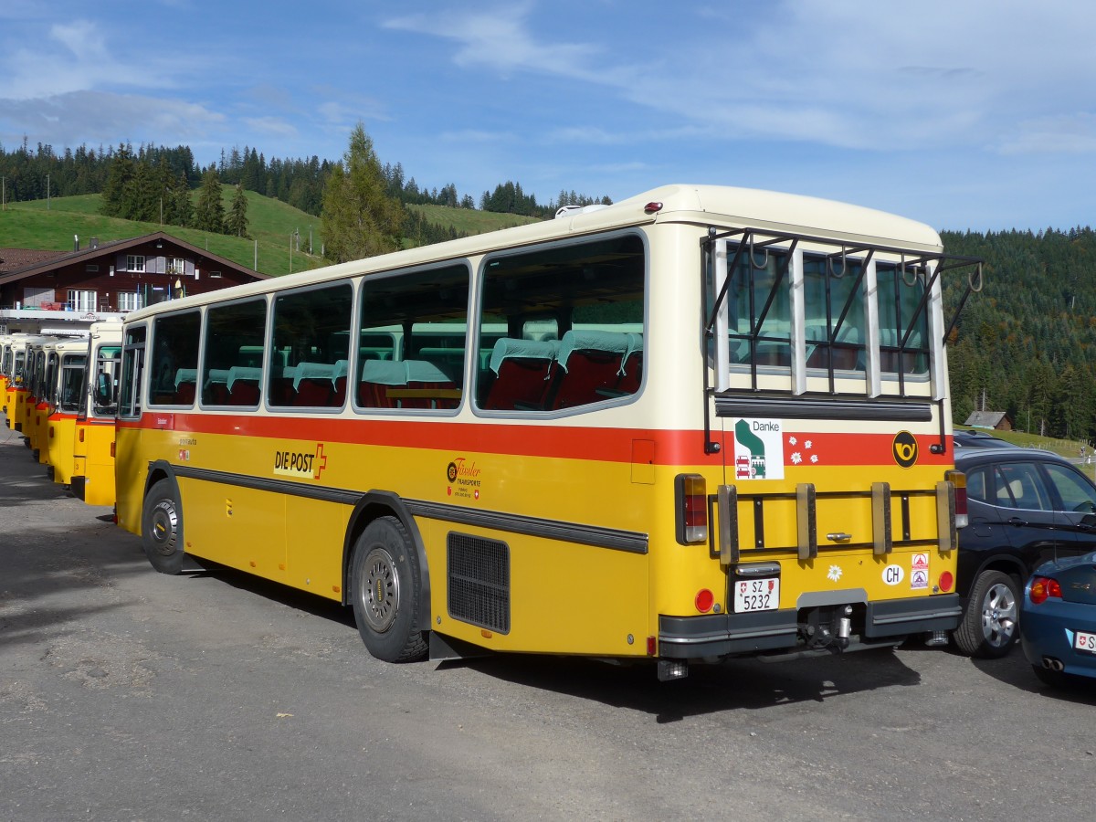 (155'667) - Fssler, Unteriberg - Nr. 6/SZ 5232 - Saurer/R&J (ex Schrch, Gutenburg Nr. 6; ex P 24'358) am 12. Oktober 2014 in Willerzell, Rest. Sattelegg