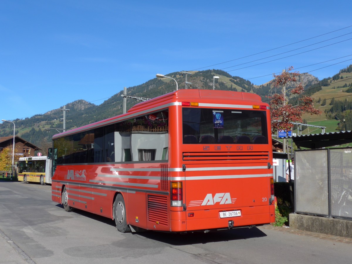 (155'857) - AFA Adelboden - Nr. 20/BE 26'706 - Setra (ex Nr. 6) am 19. Oktober 2014 beim Bahnhof Zweisimmen