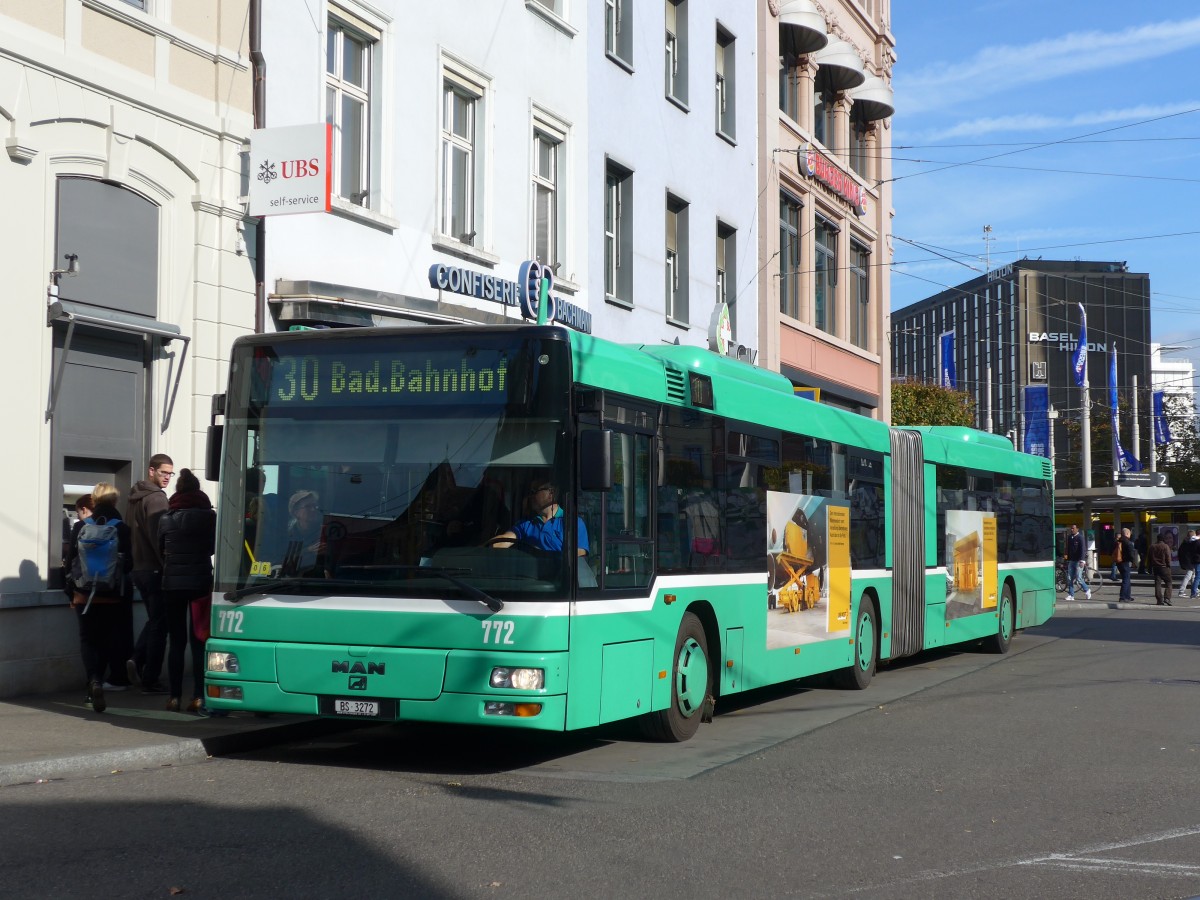 (156'139) - BVB Basel - Nr. 772/BS 3272 - MAN am 27. Oktober 2014 beim Bahnhof Basel