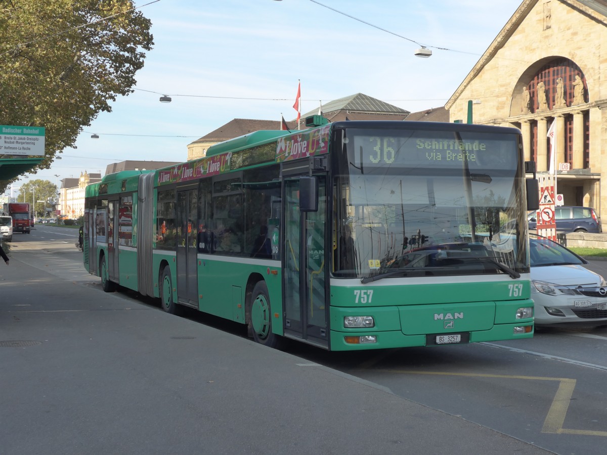 (156'160) - BVB Basel - Nr. 757/BS 3257 - MAN am 27. Oktober 2014 in Basel, Badischer Bahnhof