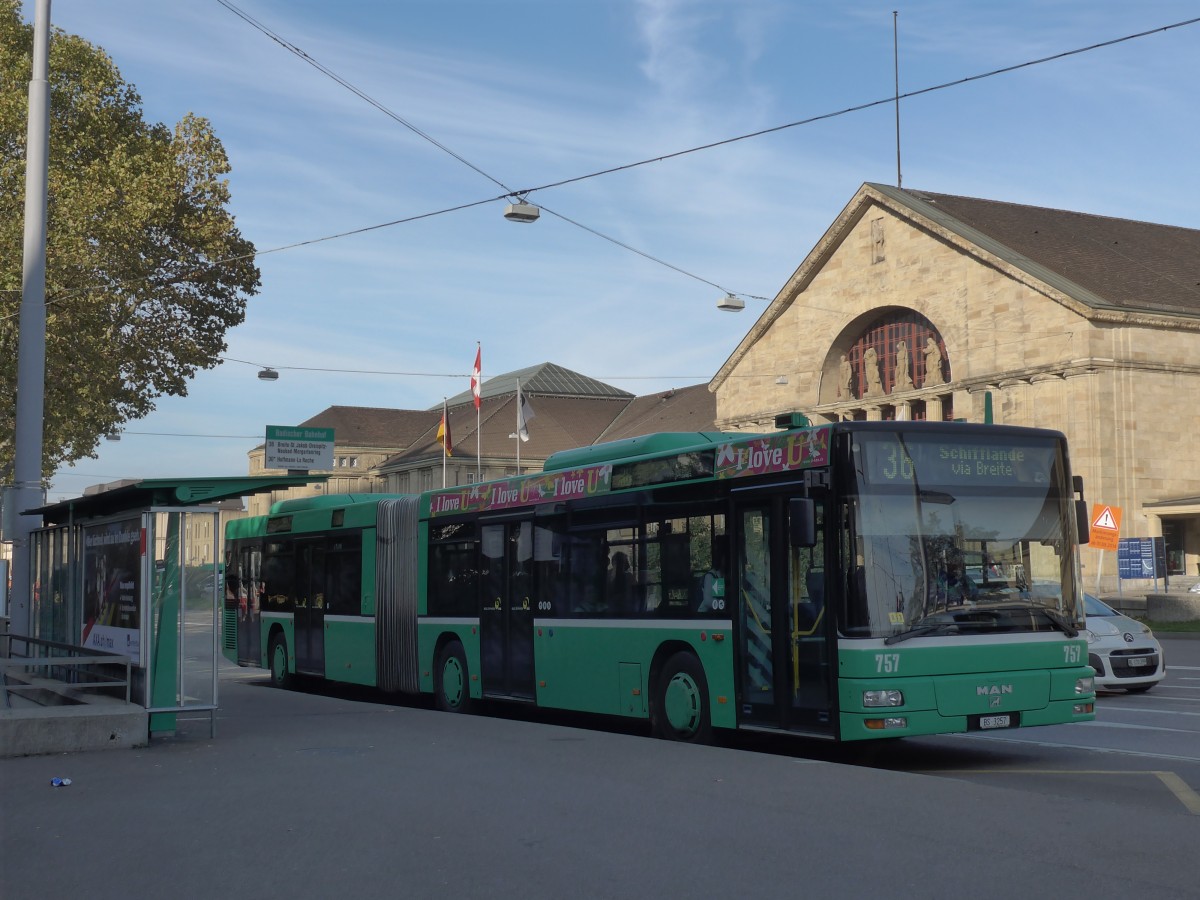 (156'161) - BVB Basel - Nr. 757/BS 3257 - MAN am 27. Oktober 2014 in Basel, Badischer, Bahnhof