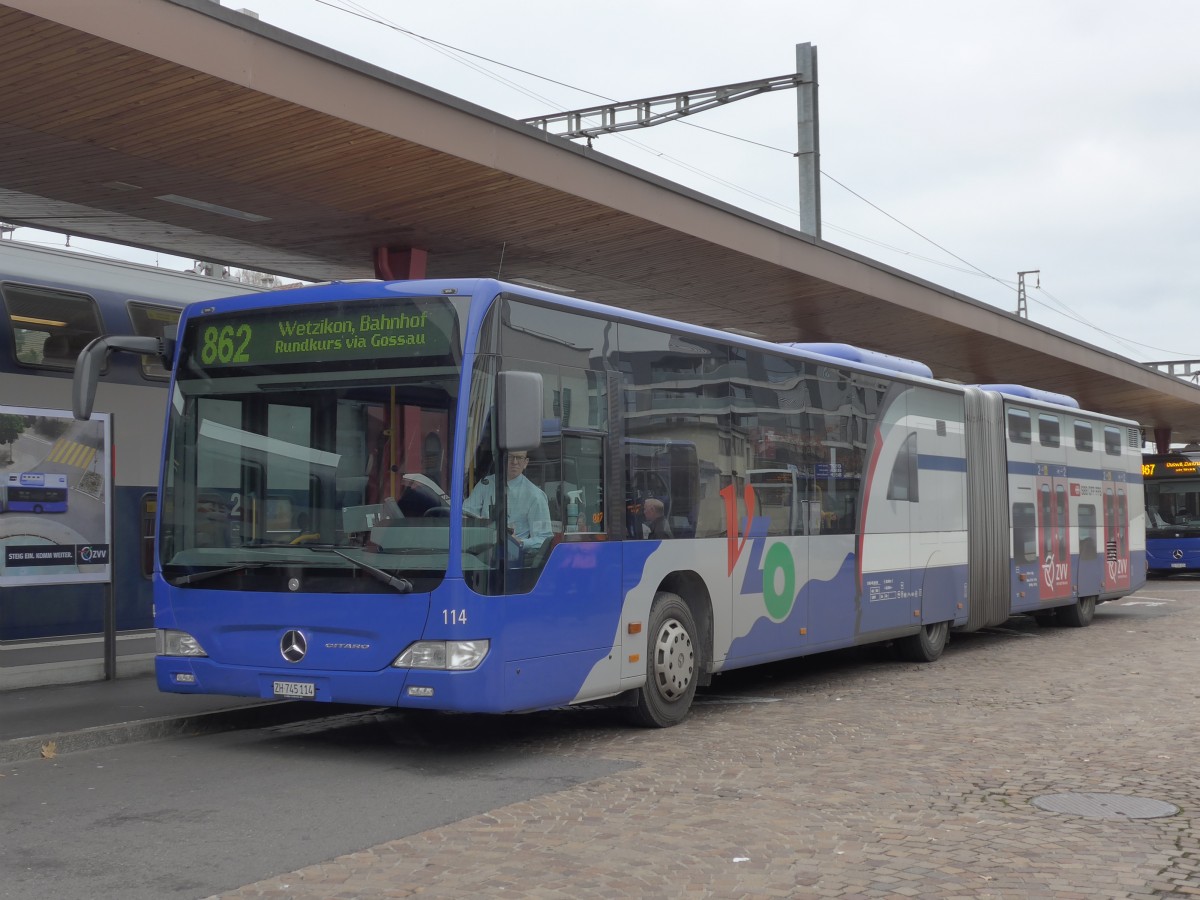 (156'203) - VZO Grningen - Nr. 114/ZH 745'114 - Mercedes am 28. Oktober 2014 beim Bahnhof Wetzikon