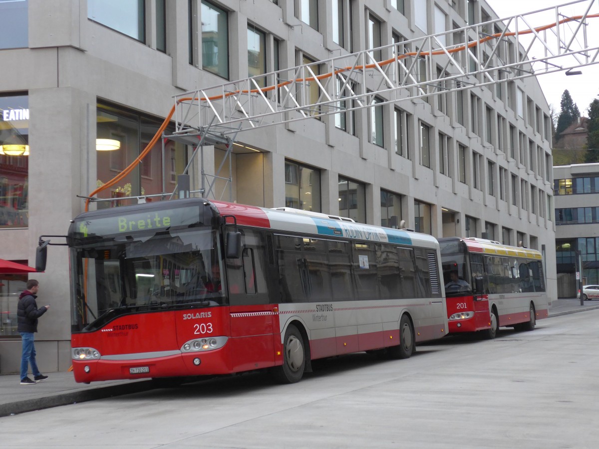 (157'661) - SW Winterthur - Nr. 203/ZH 730'203 - Solaris am 6. Dezember 2014 beim Hauptbahnhof Winterthur