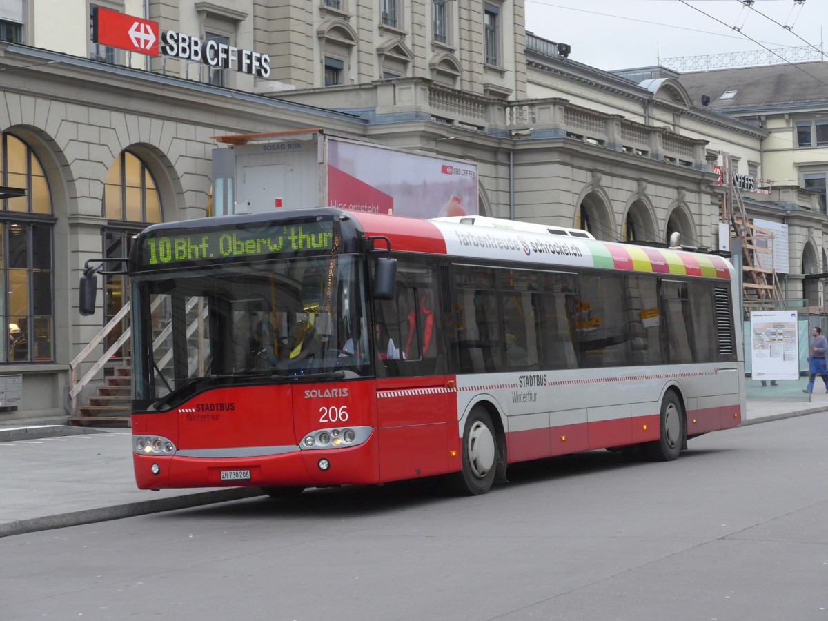 (157'668) - SW Winterthur - Nr. 206/ZH 730'206 - Solaris am 6. Dezember 2014 beim Hauptbahnhof Winterthur