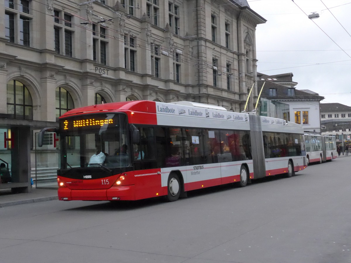 (157'674) - SW Winterthur - Nr. 115 - Hess/Hess Gelenktrolleybus am 6. Dezember 2014 beim Hauptbahnhof Winterthur