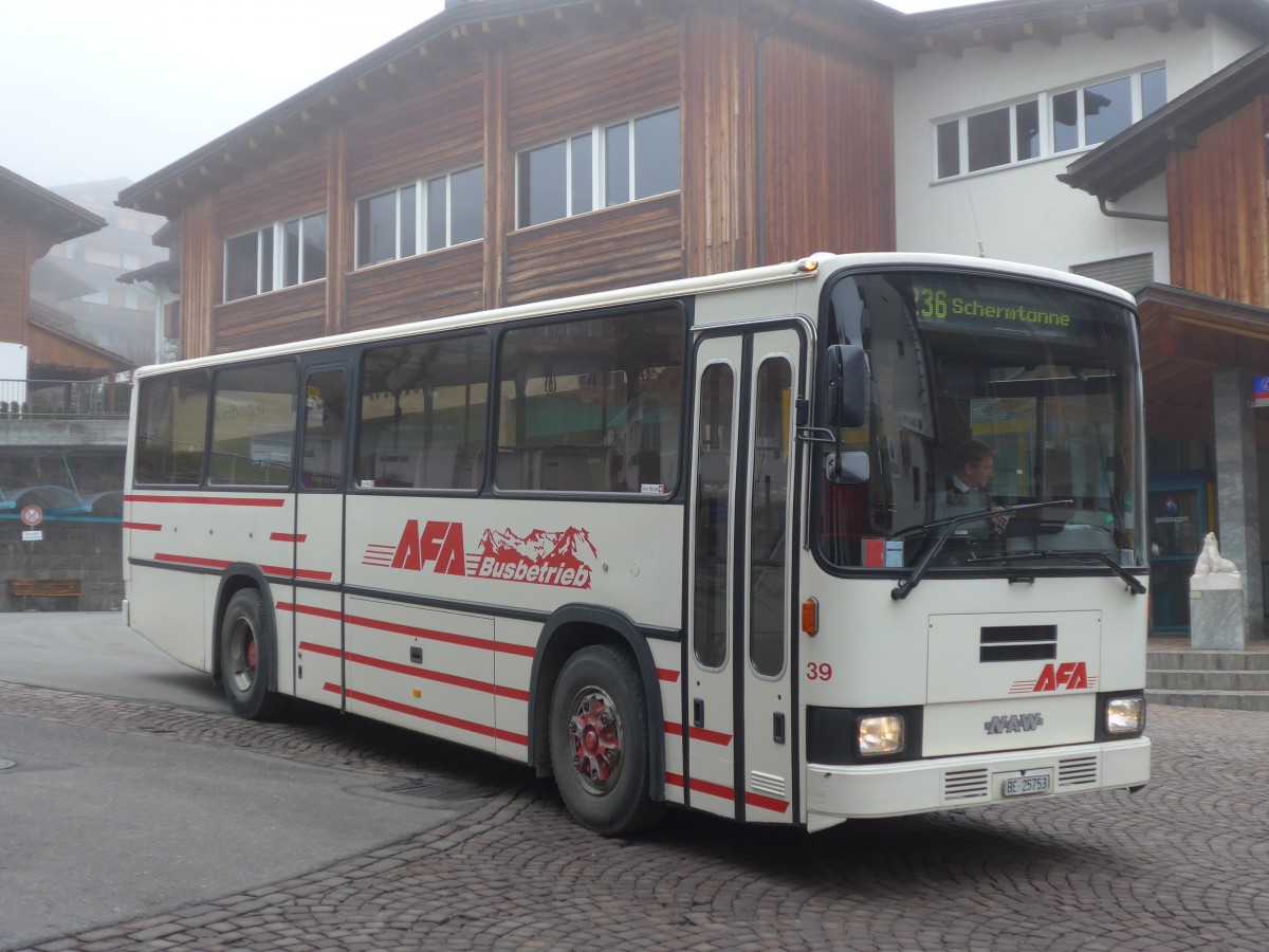 (157'690) - AFA Adelboden - Nr. 39/BE 25'753 - NAW/R&J (ex Nr. 18; ex Autopostale, Mendrisio Nr. 38; ex Piotti, Balerna Nr. 38; ex AAGI Interlaken Nr. 38; ex Schmocker, Beatenberg Nr. 3) am 7. Dezember 2014 beim Autobahnhof Adelboden