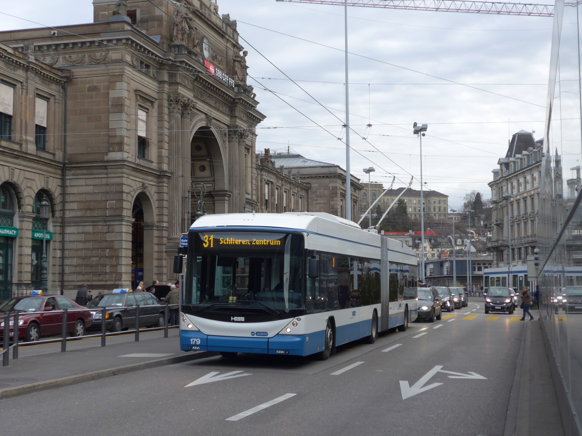 (157'732) - VBZ Zrich - Nr. 179 - Hess/Hess Gelenktrolleybus am 14. Dezember 2014 in Zrich, Bahnhofquai/Hauptbahnhof