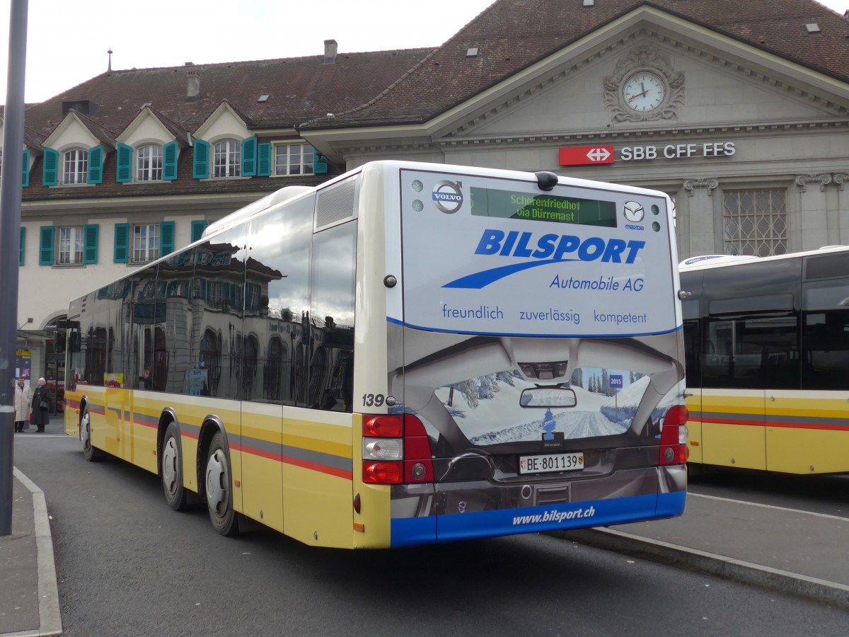 (157'912) - STI Thun - Nr. 139/BE 801'139 - MAN am 25. Dezember 2014 beim Bahnhof Thun