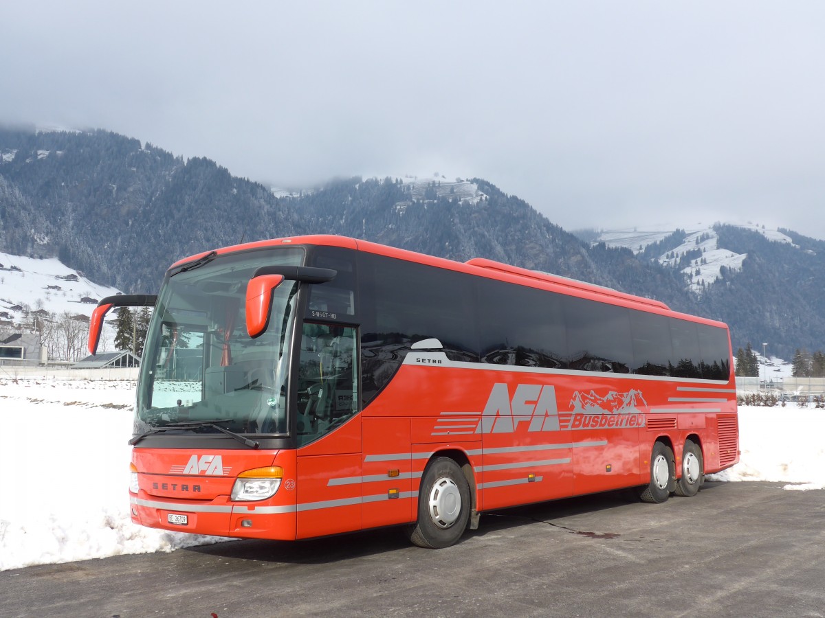 (158'482) - AFA Adelboden - Nr. 23/BE 26'709 - Setra (ex Blaguss, A-Wien Nr. 5402) am 24. Januar 2015 in Frutigen, Garage