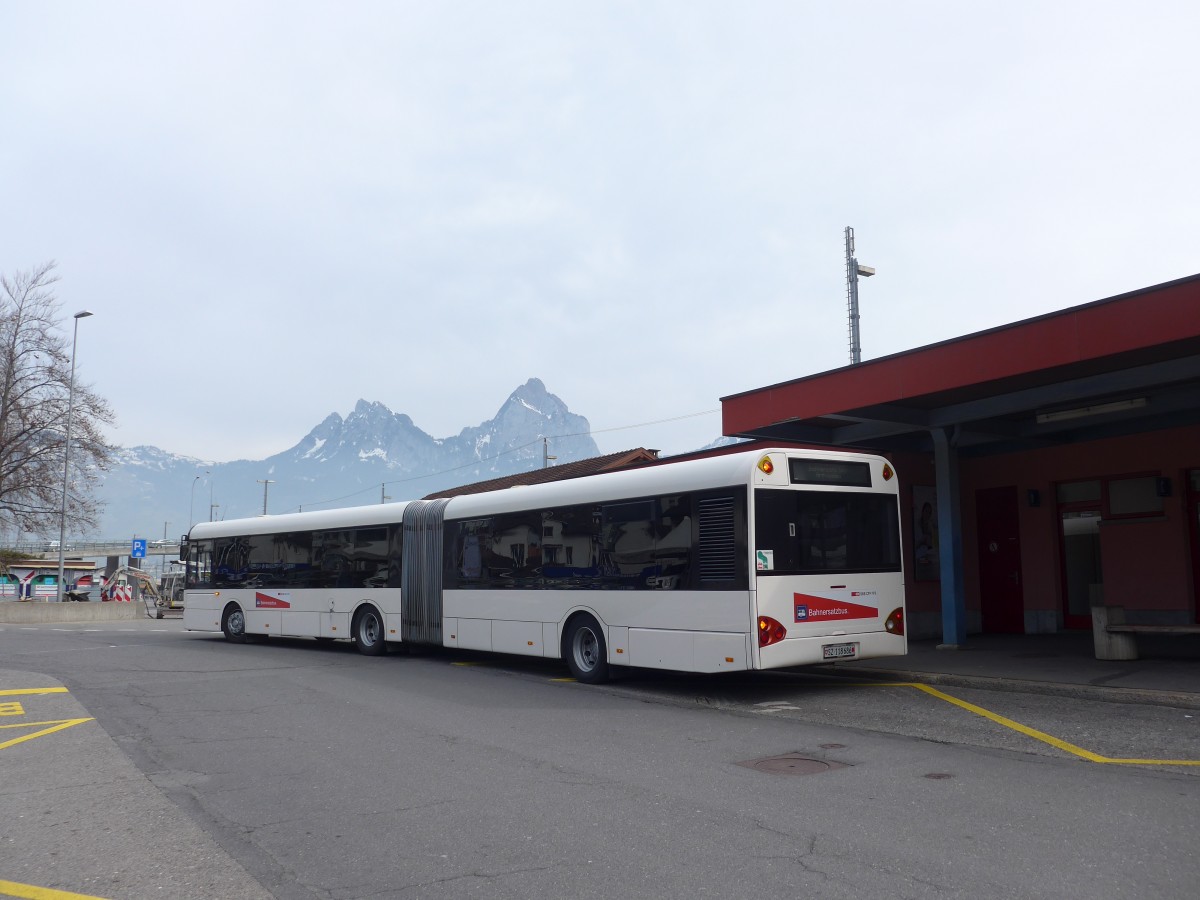 (159'229) - AAGS Schwyz - Nr. 86/SZ 118'686 - Solaris (ex VR La Chaux-de-Fonds Nr. 262) am 17. Mrz 2015 beim Bahnhof Brunnen