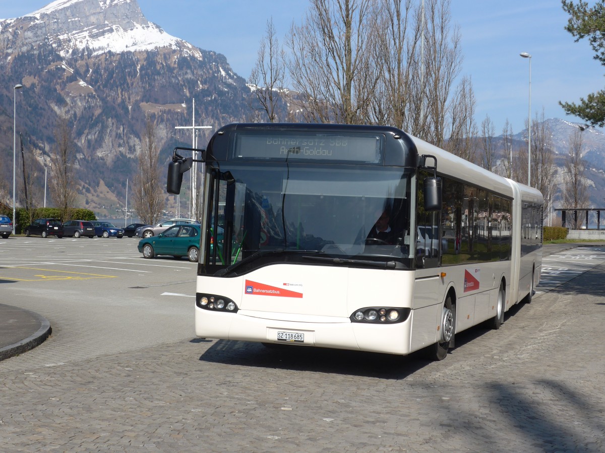 (159'300) - AAGS Schwyz - Nr. 85/SZ 118'685 - Solaris (ex VR La Chaux-de-Fonds Nr. 261) am 18. Mrz 2015 beim Bahnhof Flelen