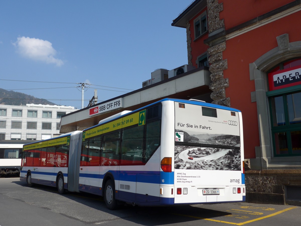 (159'350) - ZVB Zug - Nr. 16/ZG 3366 - Mercedes am 18. Mrz 2015 beim Bahnhof Arth-Goldau