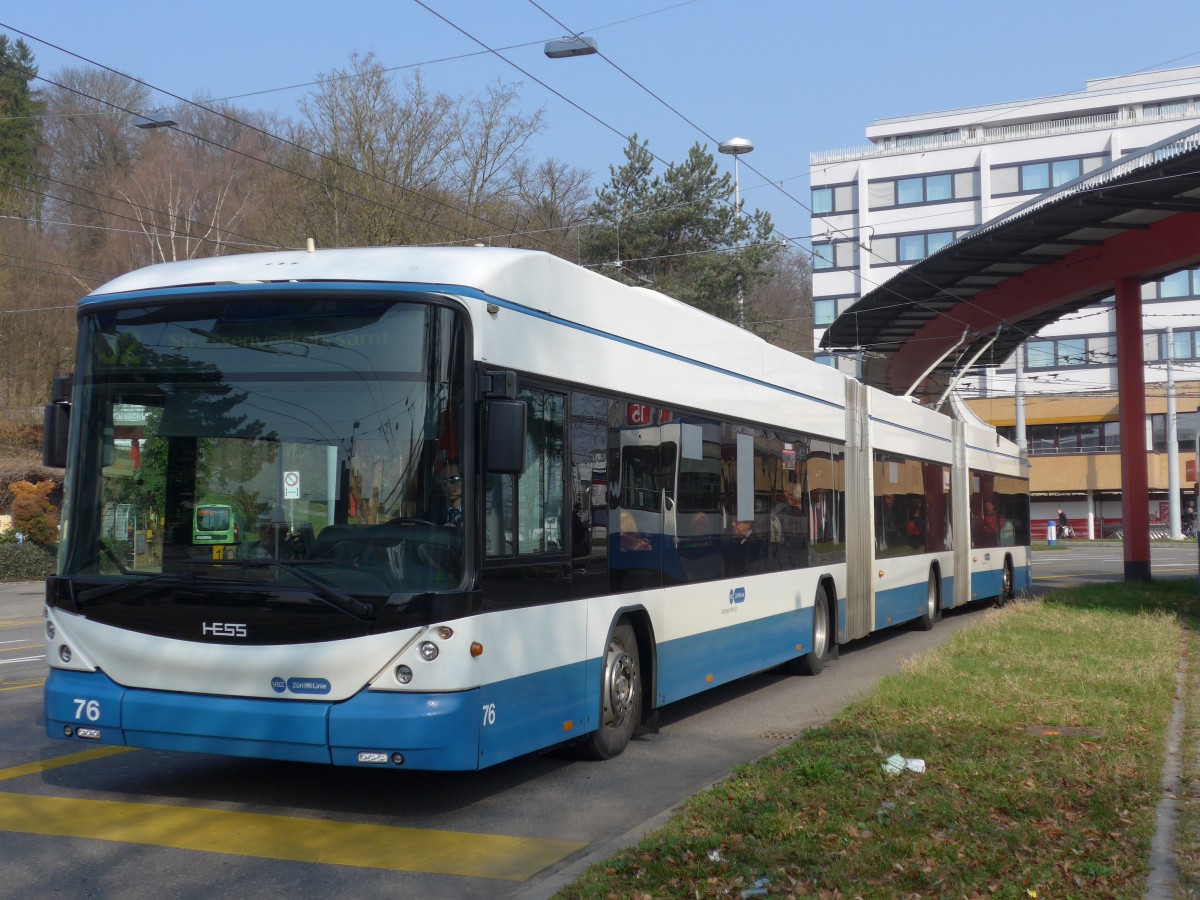 (159'370) - VBZ Zrich - Nr. 76 - Hess/Hess Doppelgelenktrolleybus am 19. Mrz 2015 in Zrich, Bucheggplatz