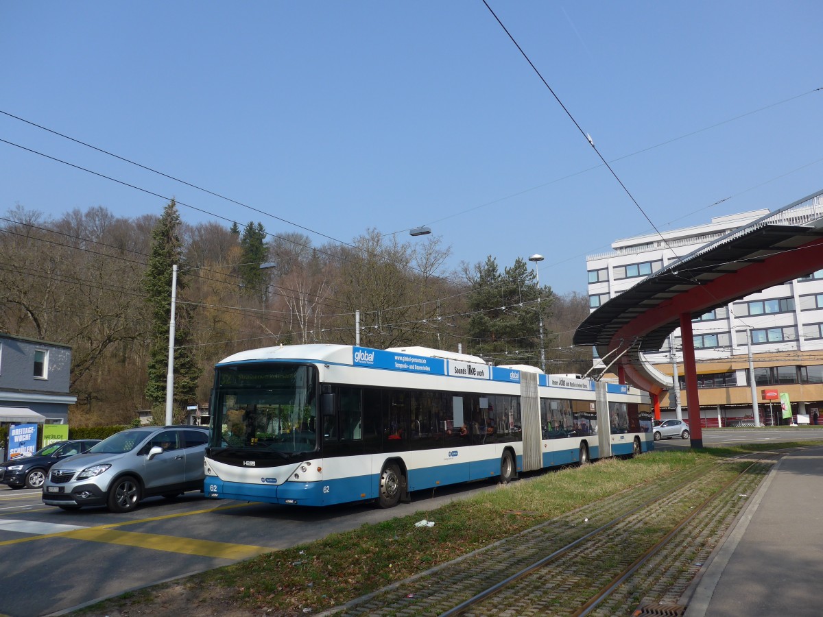 (159'393) - VBZ Zrich - Nr. 62 - Hess/Hess Doppelgelenktrolleybus am 19. Mrz 2015 in Zrich, Bucheggplatz