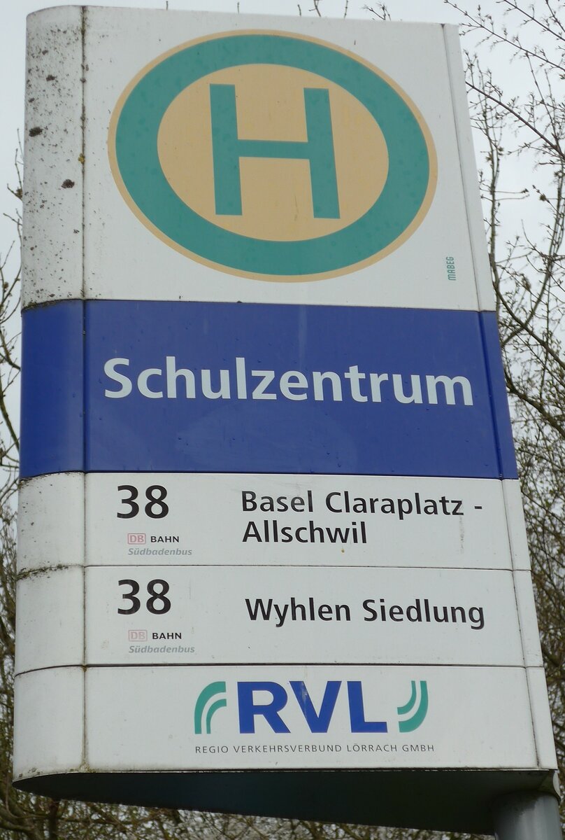 (159'785) - DB/Sdbadenbus/RVL-Haltestellenschild - Grenzach-Wyhlen, Schulzentrum - am 11. April 2015