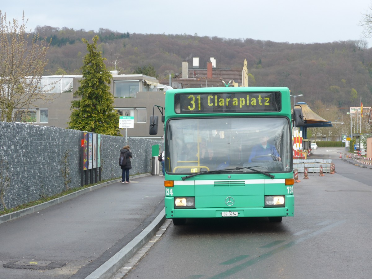 (159'814) - BVB Basel - Nr. 734/BS 3234 - Mercedes (ex VAG Freiburg/D Nr. 933) am 11. April 2015 in Riehen, Hrnli