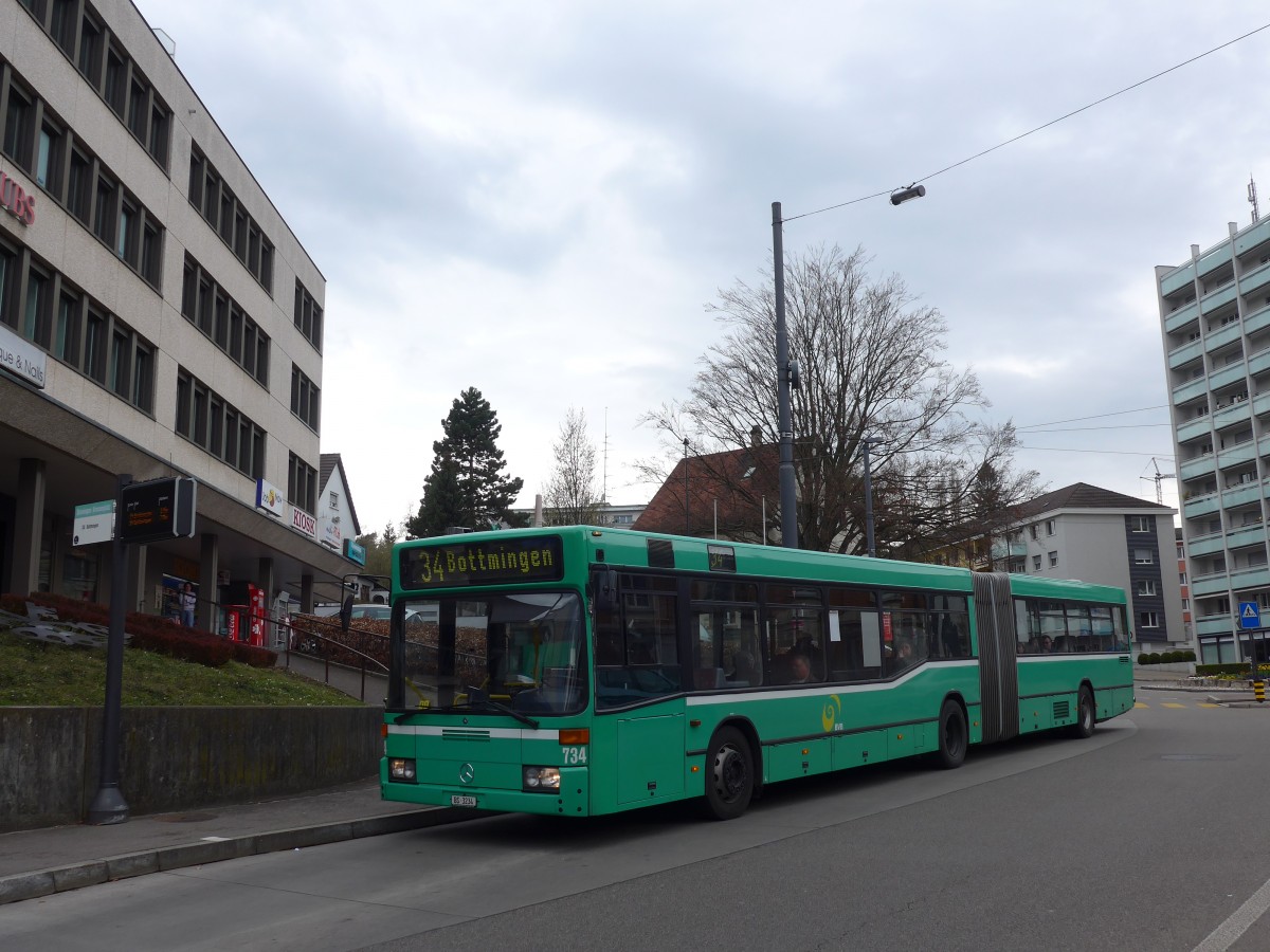 (159'838) - BVB Basel - Nr. 734/BS 3234 - Mercedes (ex VAG Freiburg/D Nr. 933) am 11. April 2015 in Binningen, Kronenplatz