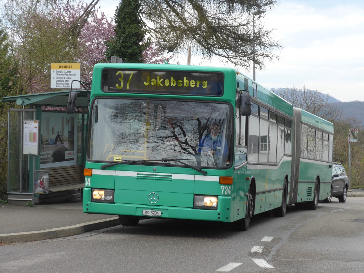 (159'844) - BVB Basel - Nr. 734/BS 3234 - Mercedes (ex VAG Freiburg/D Nr. 933) am 11. April 2015 in Gempen, Gempenfluh