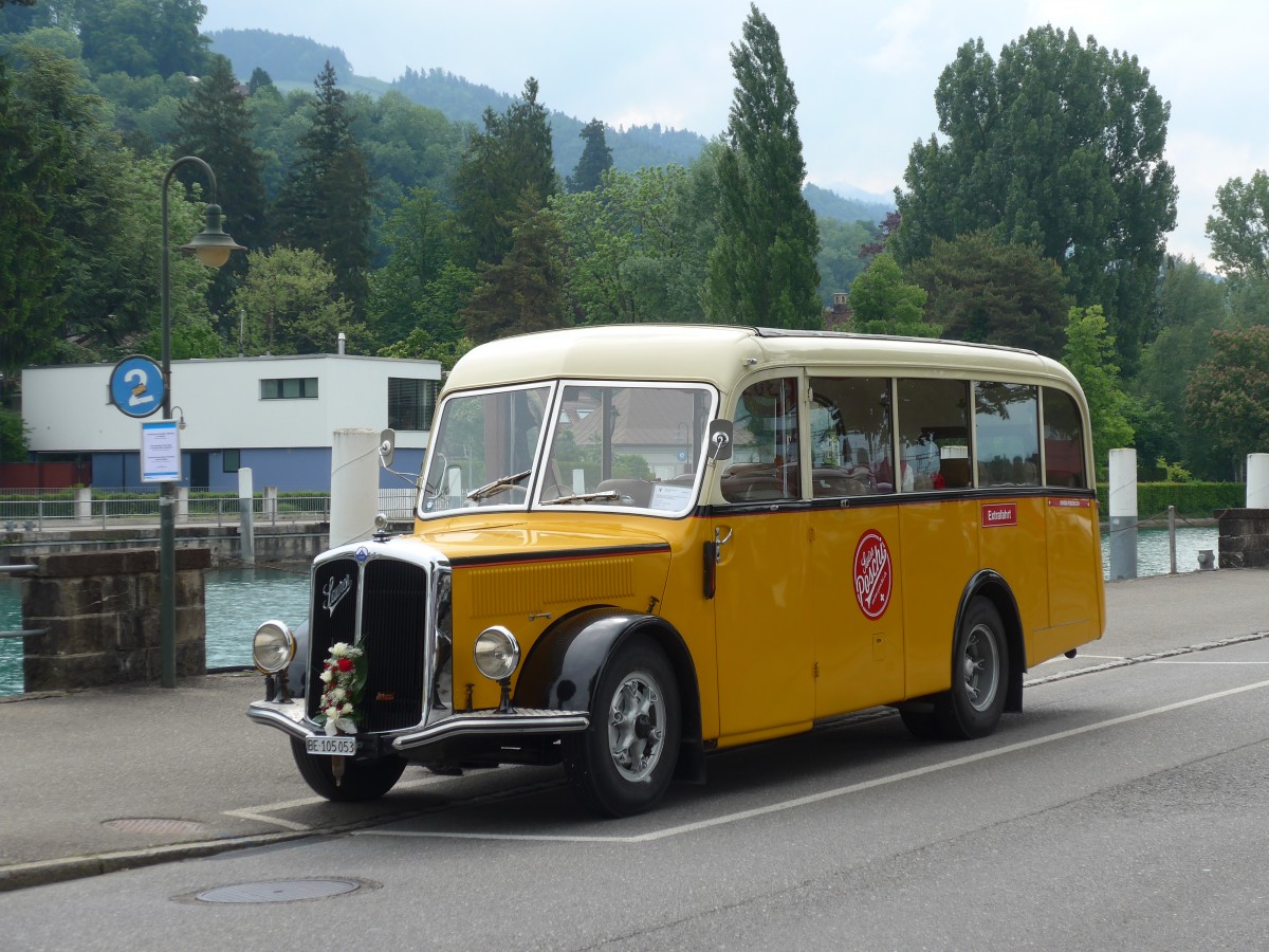 (160'724) - Blaser, Unterseen - BE 105'053 - Saurer/Tscher (ex Gessinger, Bad Ragaz) am 23. Mai 2015 bei der Schifflndte Thun