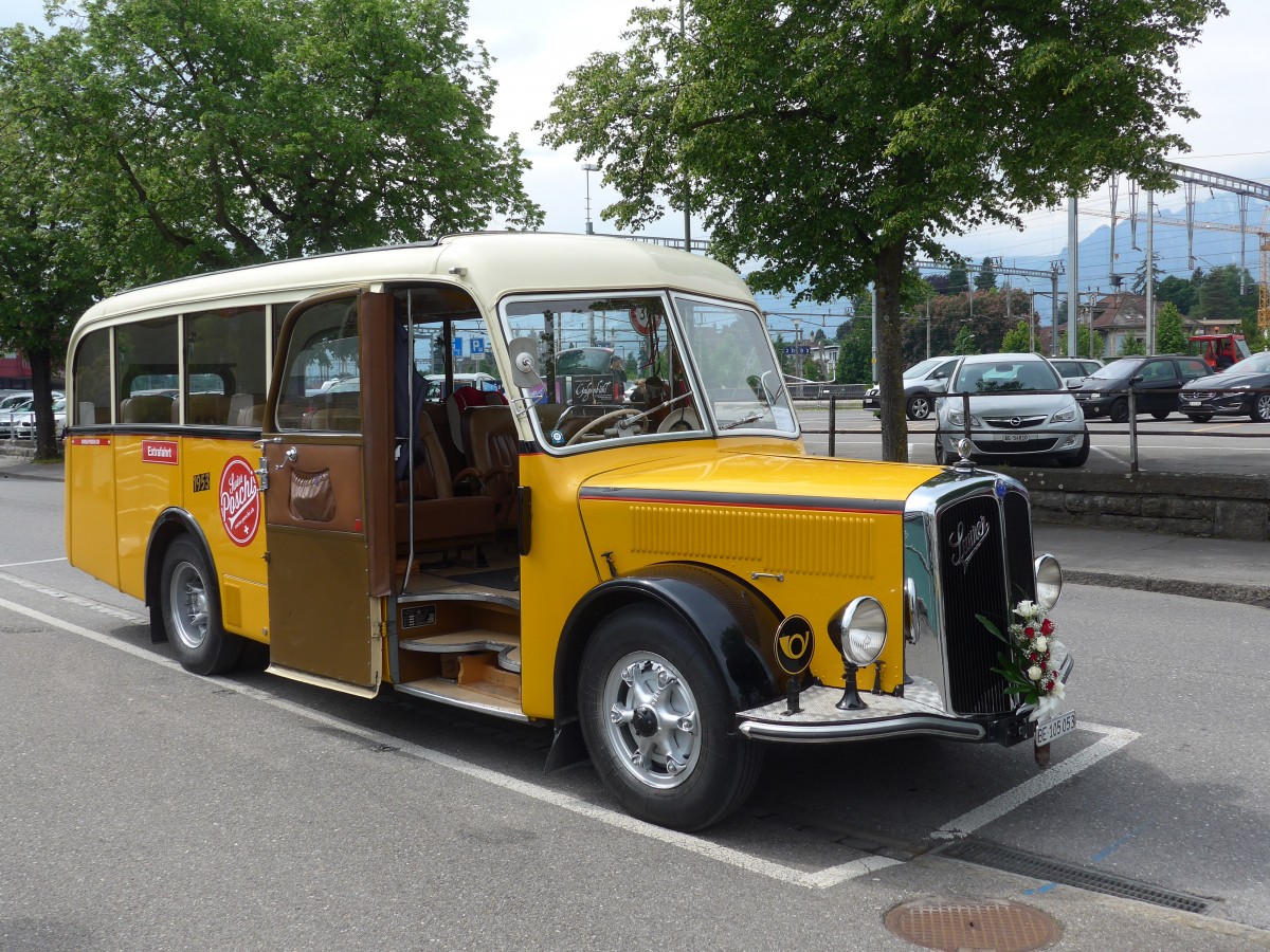 (160'726) - Blaser, Unterseen - BE 105'053 - Saurer/Tscher (ex Gessinger, Bad Ragaz) am 23. Mai 2015 bei der Schifflndte Thun