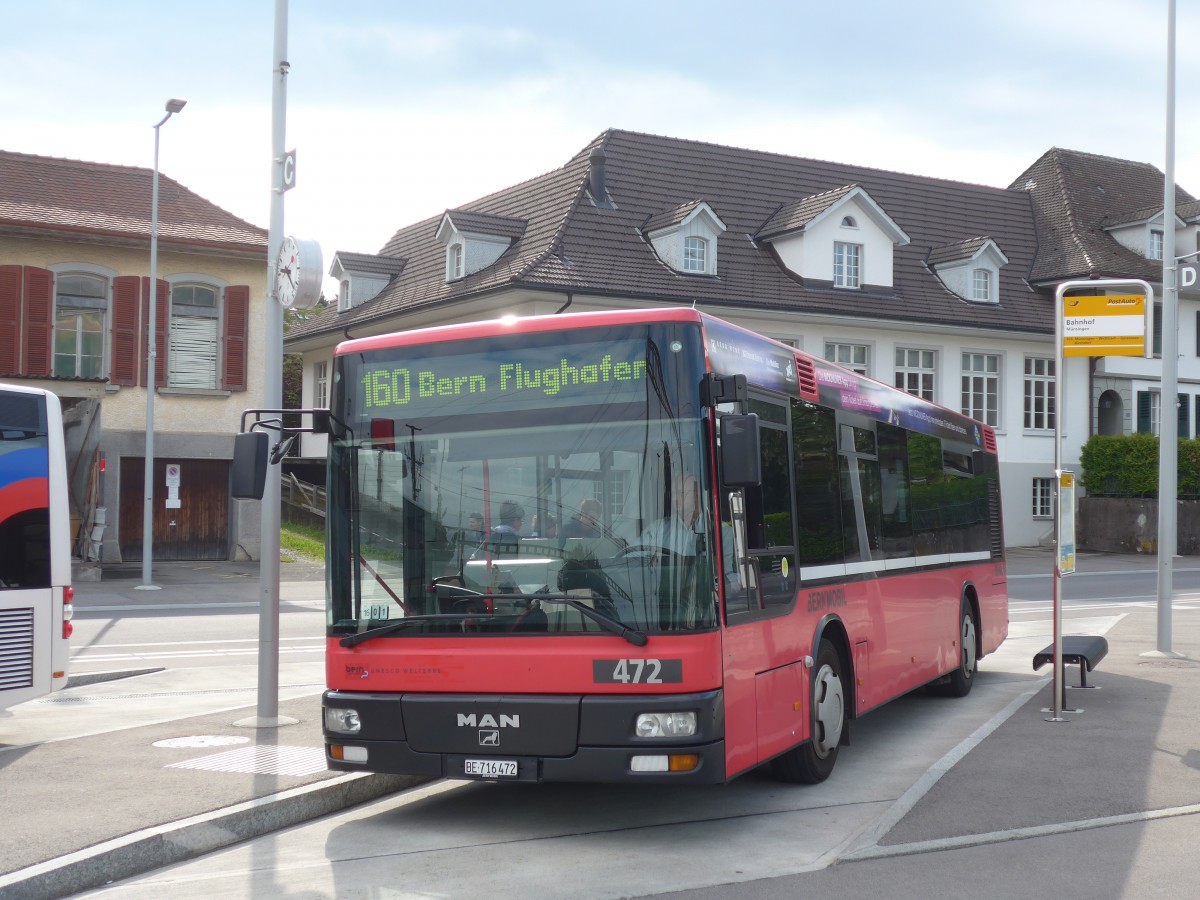 (161'433) - Bernmobil, Bern - Nr. 472/BE 716'472 - MAN/Gppel (ex Peyer, Niederwangen Nr. 72) am 30. Mai 2015 beim Bahnhof Mnsingen