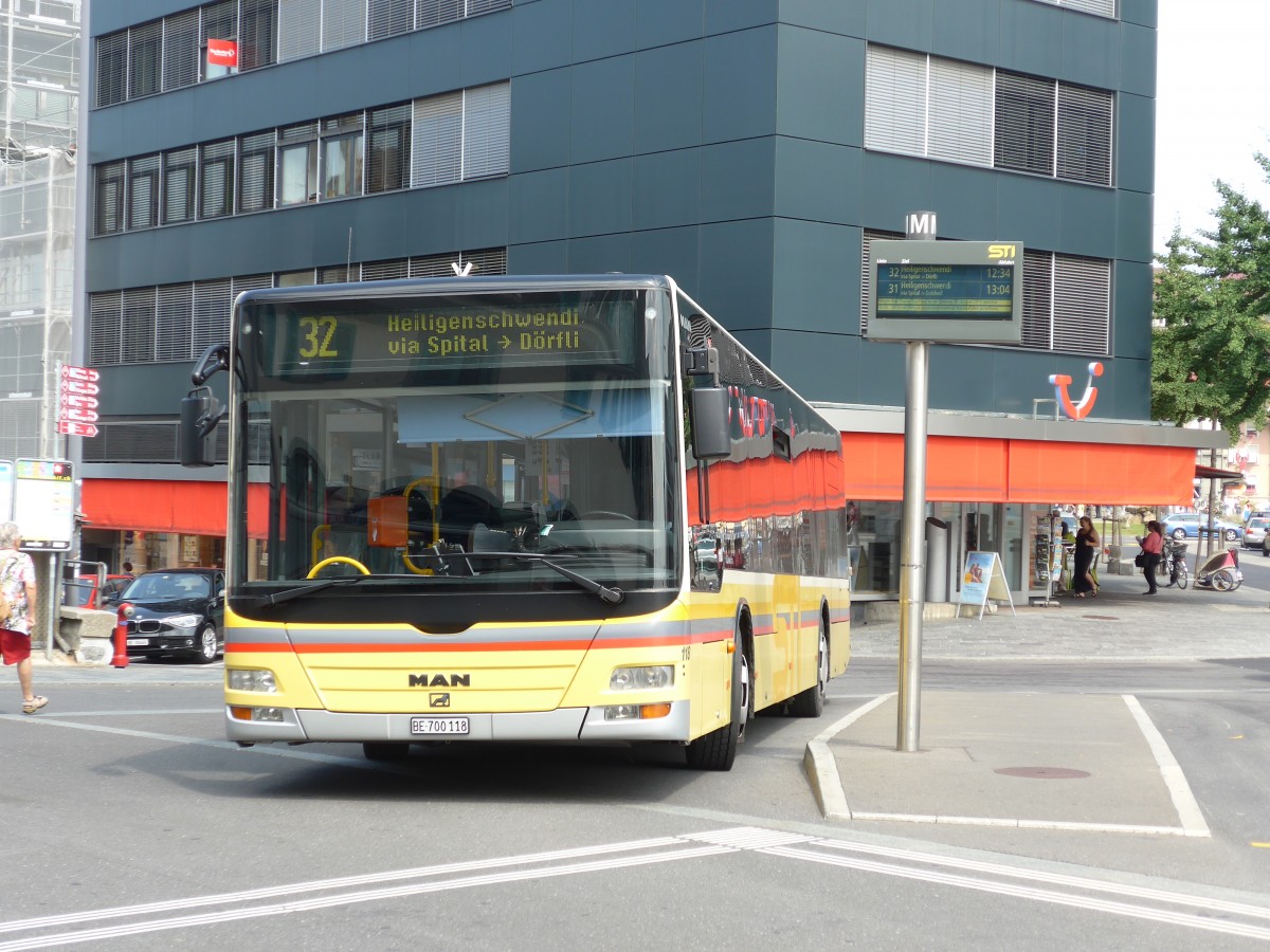 (163'311) - STI Thun - Nr. 118/BE 700'118 - MAN am 13. August 2015 beim Bahnhof Thun