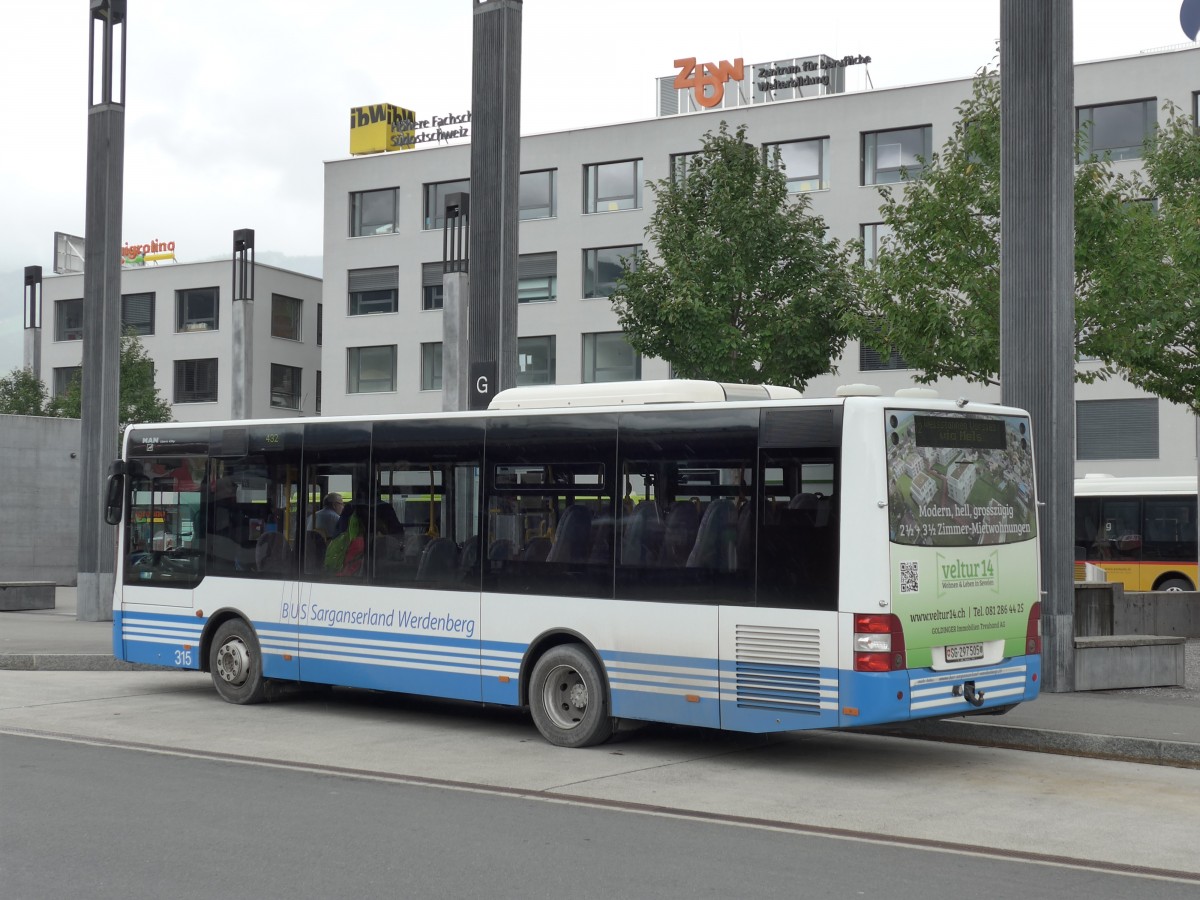 (163'599) - BSW Sargans - Nr. 315/SG 297'505 - MAN/Gppel am 16. August 2015 beim Bahnhof Sargans