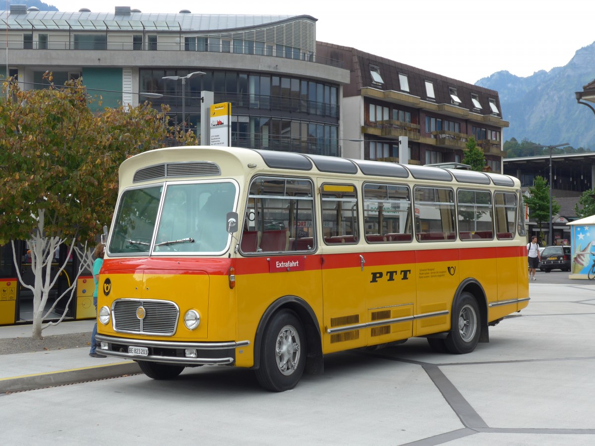 (163'749) - Rentsch, Gunten - BE 823'203 - FBW/Gangloff (ex P 23'203; ex P 21'003) am 23. August 2015 beim Bahnhof Interlaken West