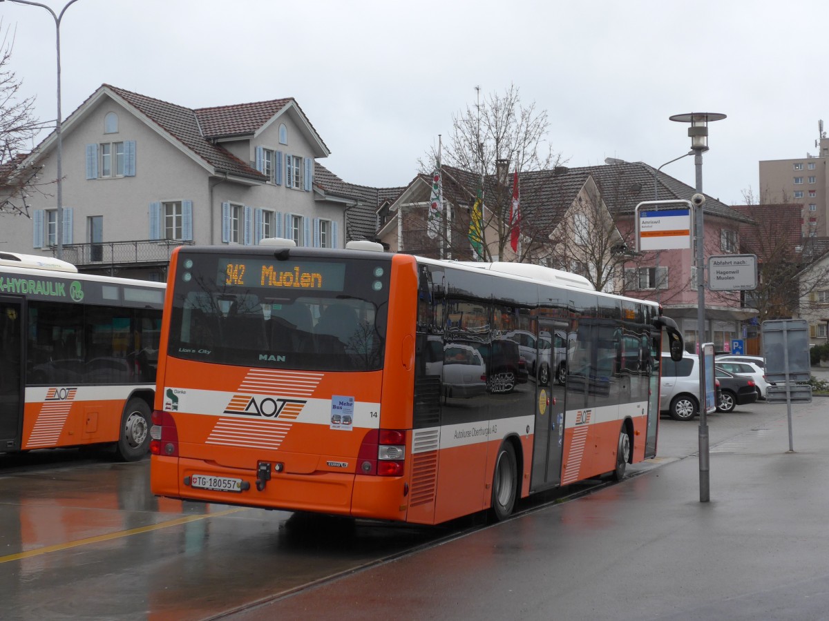 (167'535) - AOT Amriswil - Nr. 14/TG 180'557 - MAN am 25. November 2015 beim Bahnhof Amriswil