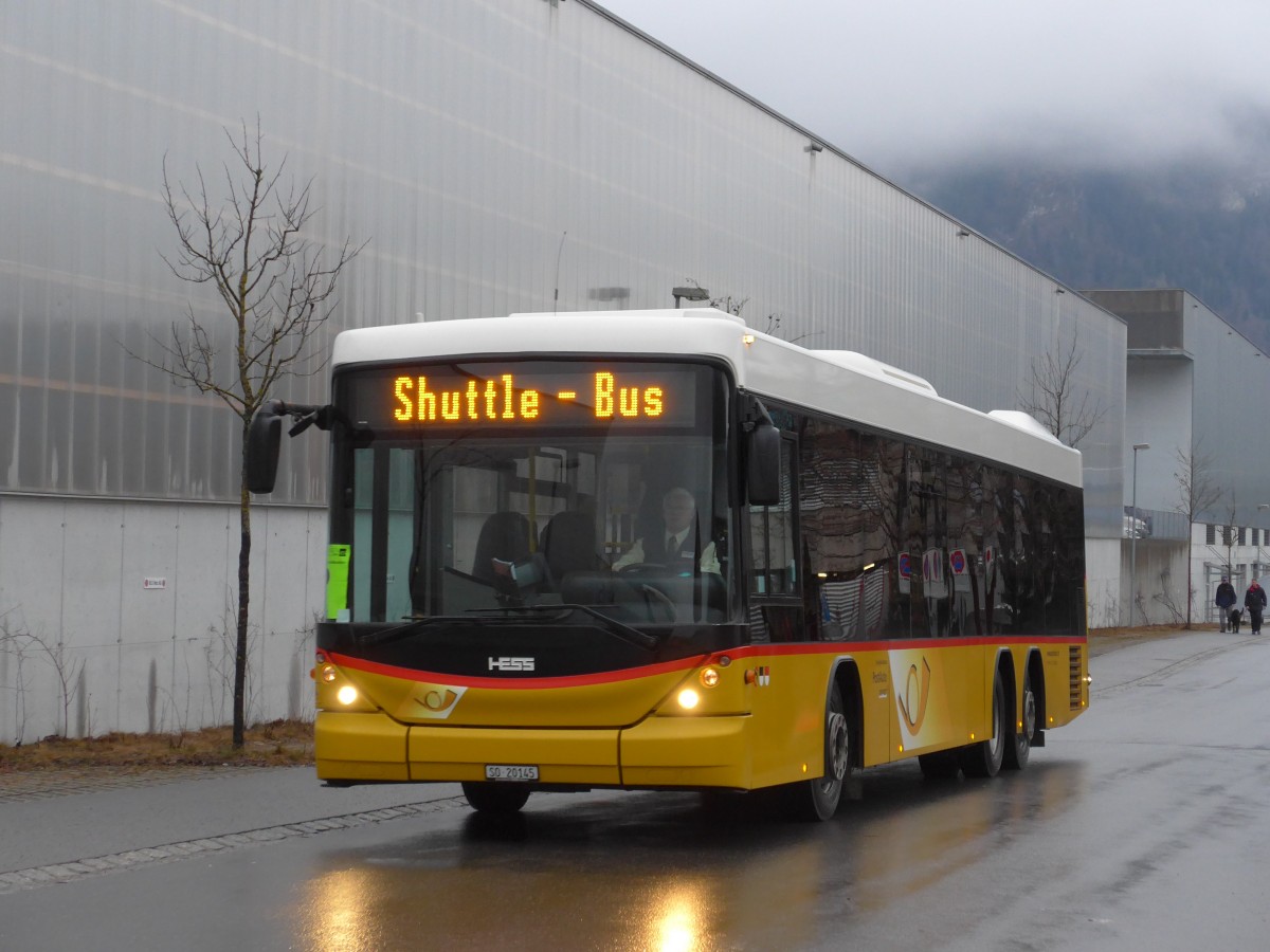 (168'429) - Steiner, Messen - SO 20'145 - Scania/Hess am 10. Januar 2016 beim Bahnhof Frutigen