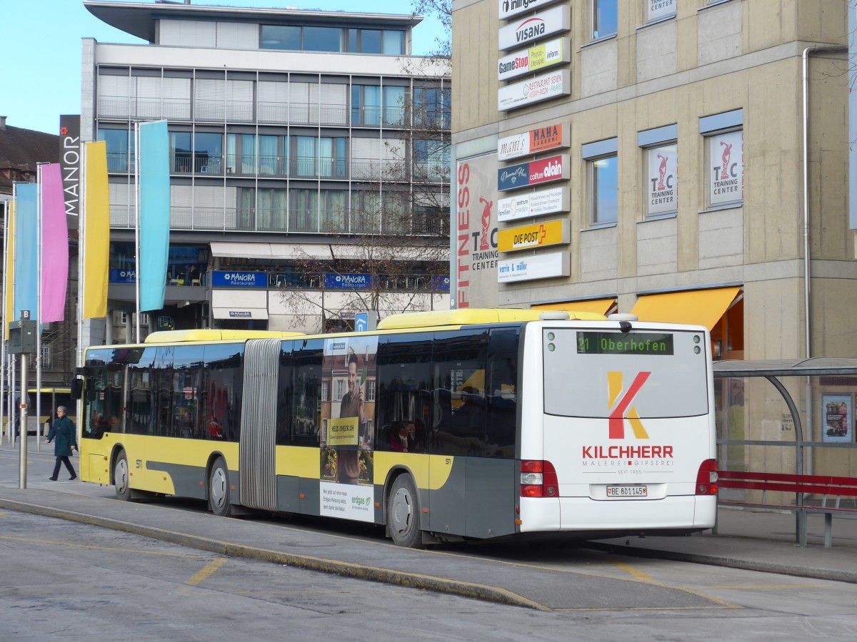 (168'469) - STI Thun - Nr. 145/BE 801'145 - MAN am 15. Januar 2016 beim Bahnhof Thun