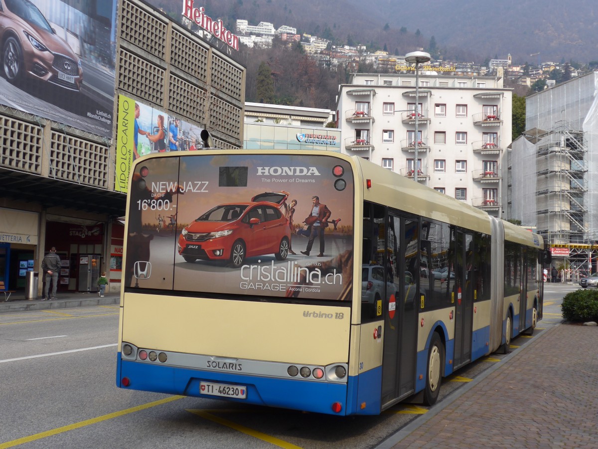 (168'605) - FART Locarno - Nr. 30/TI 46'230 - Solaris am 6. Februar 2016 beim Bahnhof Locarno