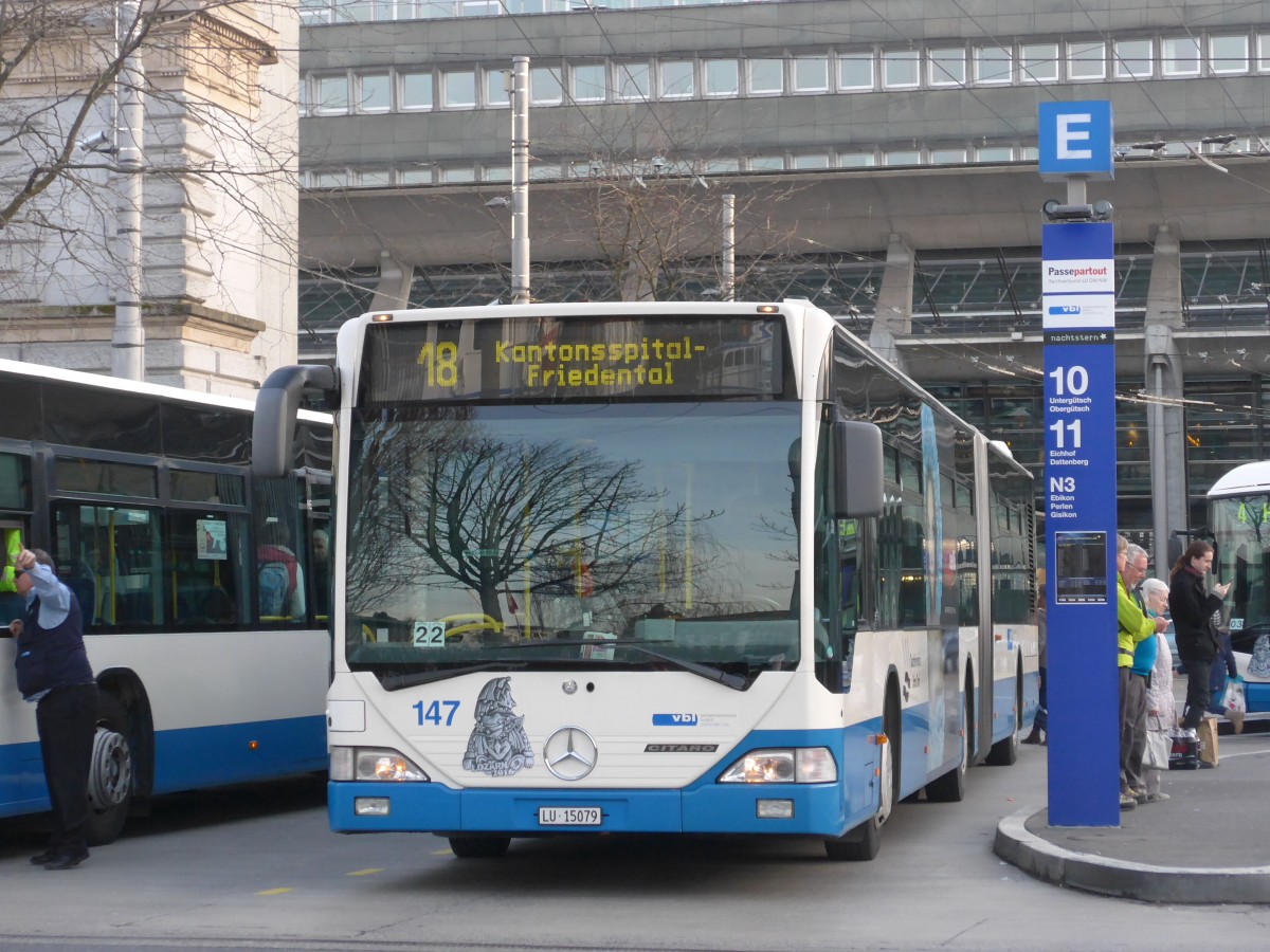 (168'692) - VBL Luzern - Nr. 147/LU 15'079 - Mercedes (ex Heggli, Kriens Nr. 709) am 6. Februar 2016 beim Bahnhof Luzern