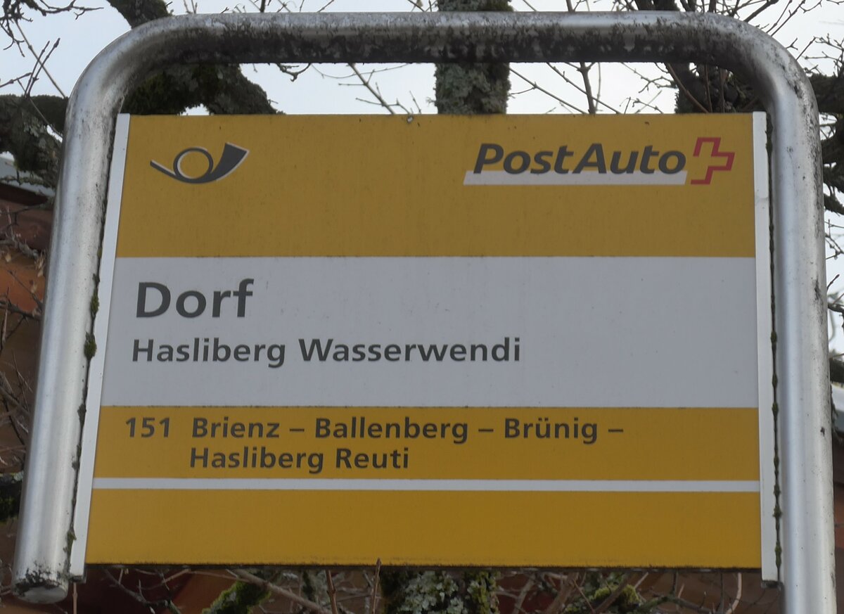 (168'794) - PostAuto-Haltestellenschild - Hasliberg Wasserwendi, Dorf - am 21. Februar 2016