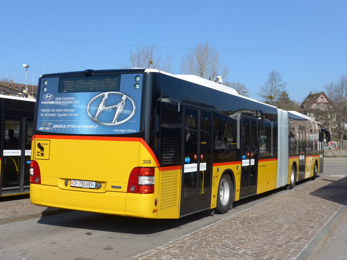 (169'342) - PostAuto Zrich - Nr. 308/ZH 780'689 - MAN am 19. Mrz 2016 beim Bahnhof Blach