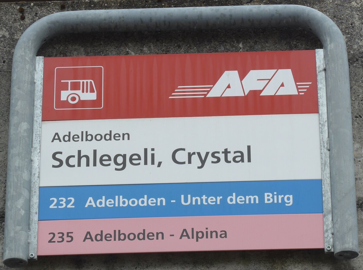 (169'526) - AFA-Haltestellenschild - Adelboden, Schlegeli, Crystal - am 27. Mrz 2016