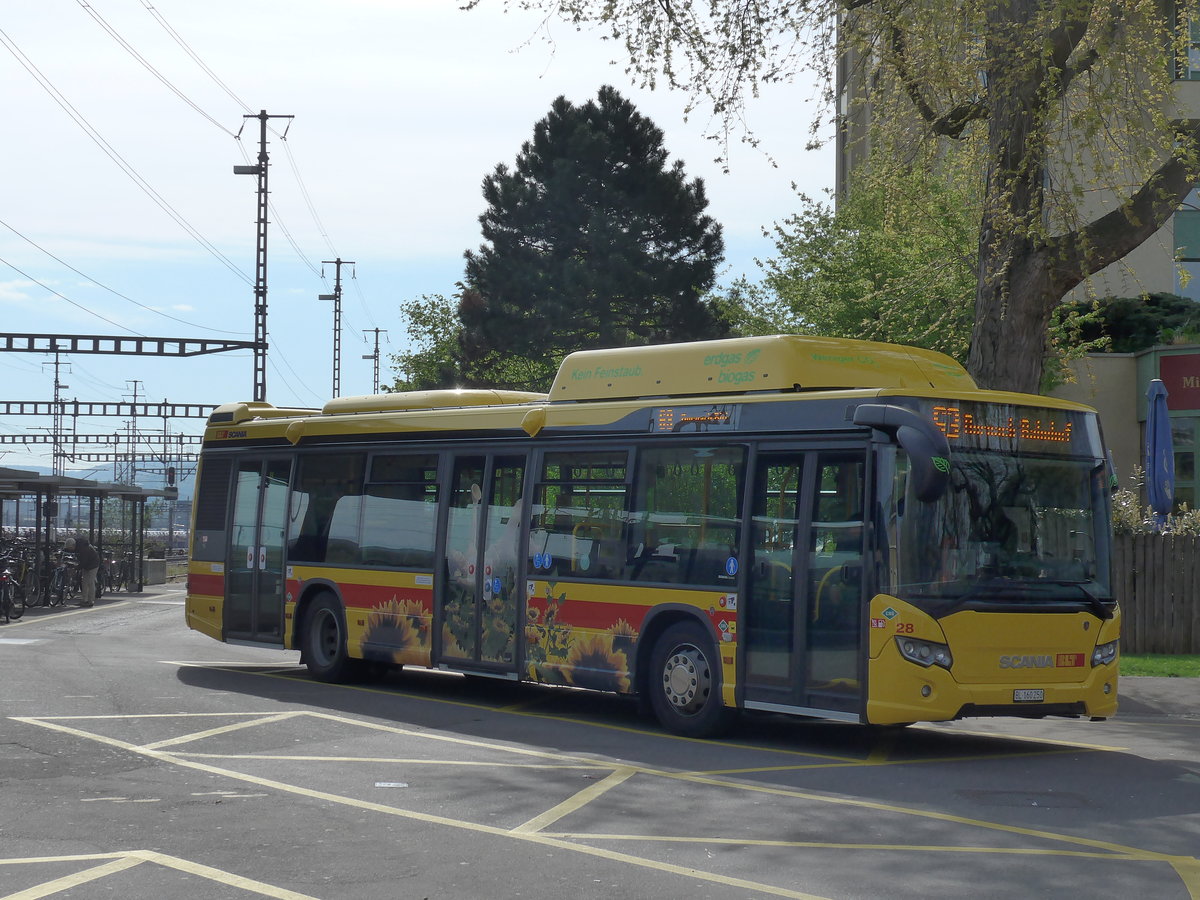 (170'266) - BLT Oberwil - Nr. 28/BL 160'250 - Scania am 30. April 2016 beim Bahnhof Muttenz