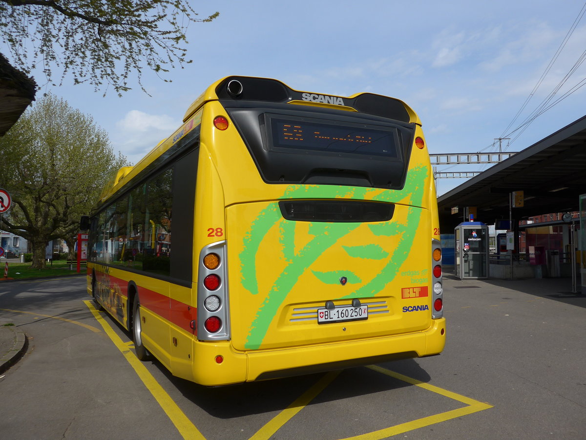 (170'269) - BLT Oberwil - Nr. 28/BL 160'250 - Scania am 30. April 2016 beim Bahnhof Muttenz