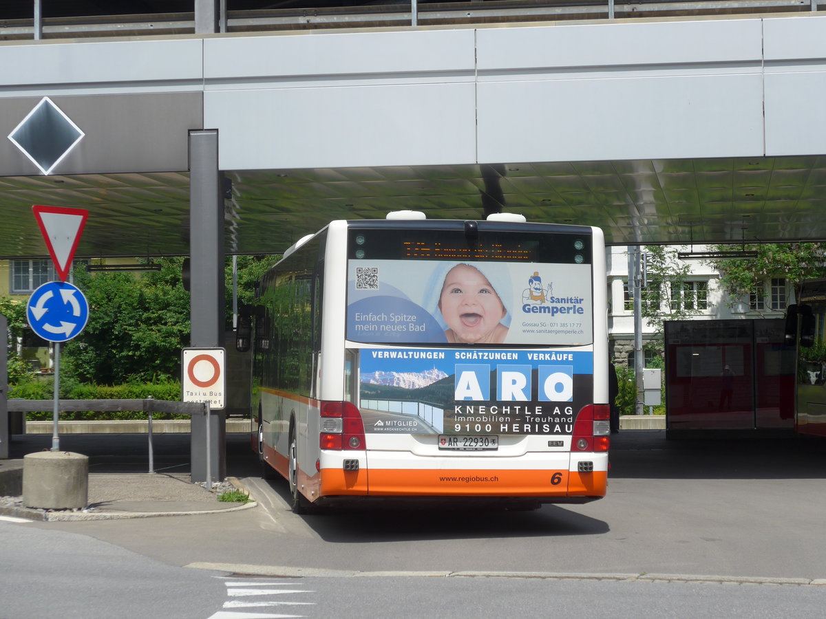 (172'603) - VBH Herisau - Nr. 6/AR 22'930 - MAN am 27. Juni 2016 beim Bahnhof Herisau