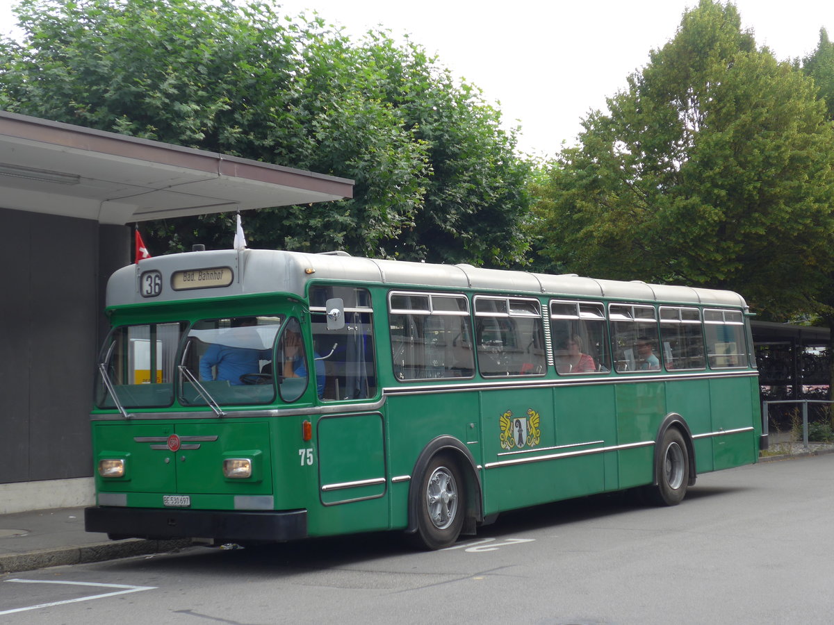 (174'468) - BVB Basel (RWB) - Nr. 75/BE 530'697 - FBW/FHS am 4. September 2016 beim Bahnhof Burgdorf